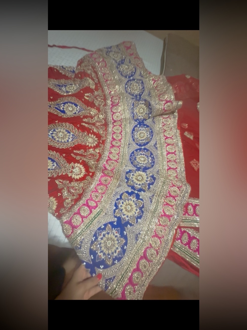Red Embroidered Lehenga Skirt with Blue and Gold Accents